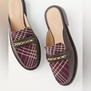 NEW Ann Taylor Plaid Chain Slip on Loafer Slides in Chocolate Brown