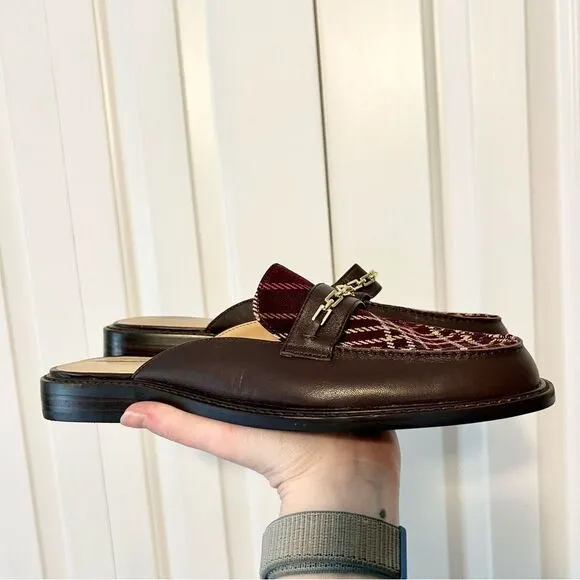 NEW Ann Taylor Plaid Chain Slip on Loafer Slides in Chocolate Brown