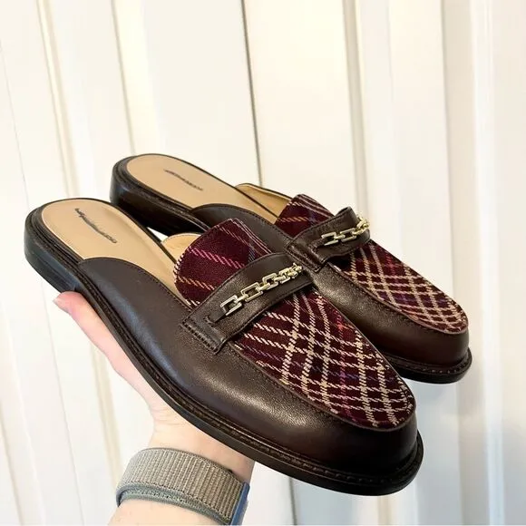 NEW Ann Taylor Plaid Chain Slip on Loafer Slides in Chocolate Brown