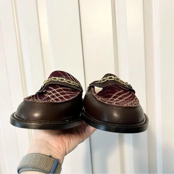 NEW Ann Taylor Plaid Chain Slip on Loafer Slides in Chocolate Brown