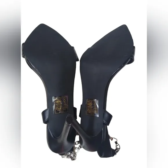 New! Black Bling Toe Silver Ankle Chain Faux Leather Stiletto Heels