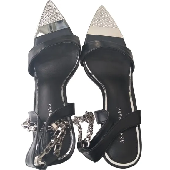New! Black Bling Toe Silver Ankle Chain Faux Leather Stiletto Heels