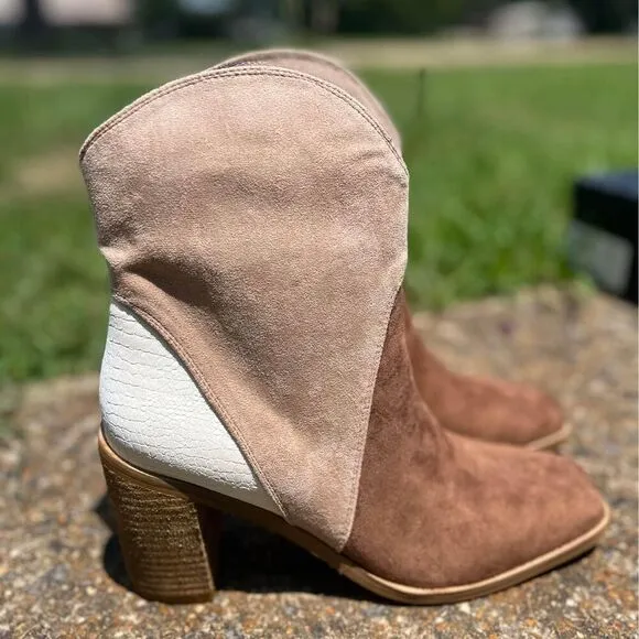 New Ccocci Bootie Chunky Heels Western Colorblock Suede Vegan Leather