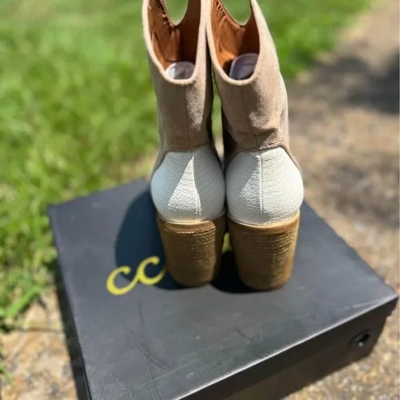 New Ccocci Bootie Chunky Heels Western Colorblock Suede Vegan Leather