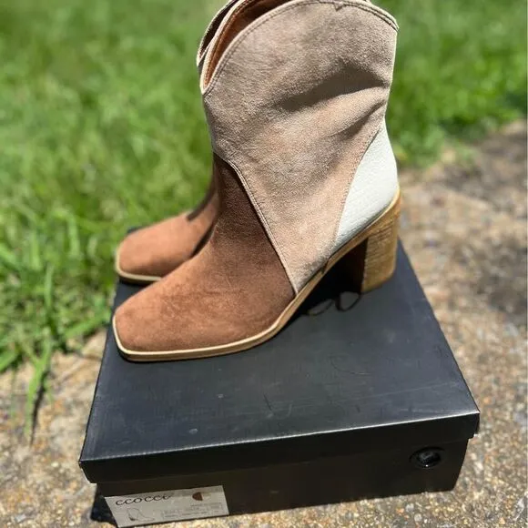 New Ccocci Bootie Chunky Heels Western Colorblock Suede Vegan Leather