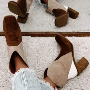 New Ccocci Bootie Chunky Heels Western Colorblock Suede Vegan Leather