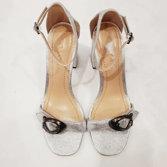 NEW Coach Maya Signature C Buckle Silver Block Heels Sandals