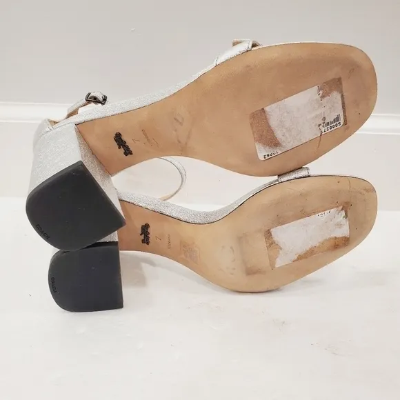 NEW Coach Maya Signature C Buckle Silver Block Heels Sandals