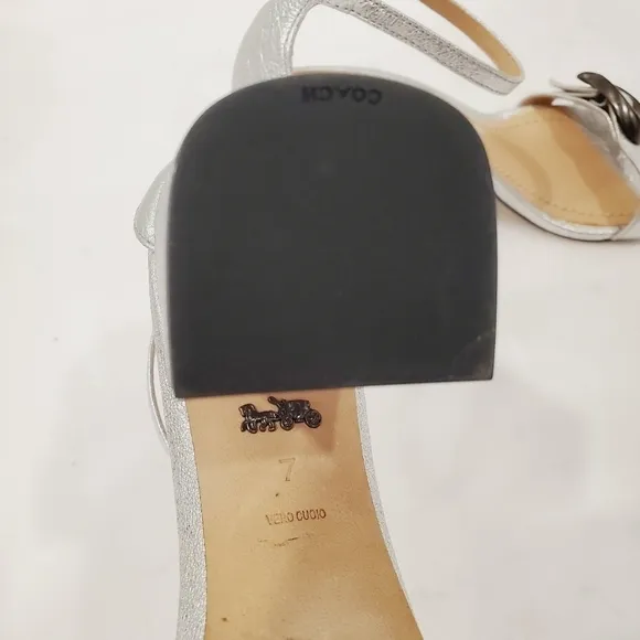 NEW Coach Maya Signature C Buckle Silver Block Heels Sandals