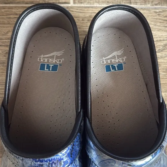 New! {Dansko} LT PRO Silver/Blue Paisley Leather Clogs | sz 42 / 11