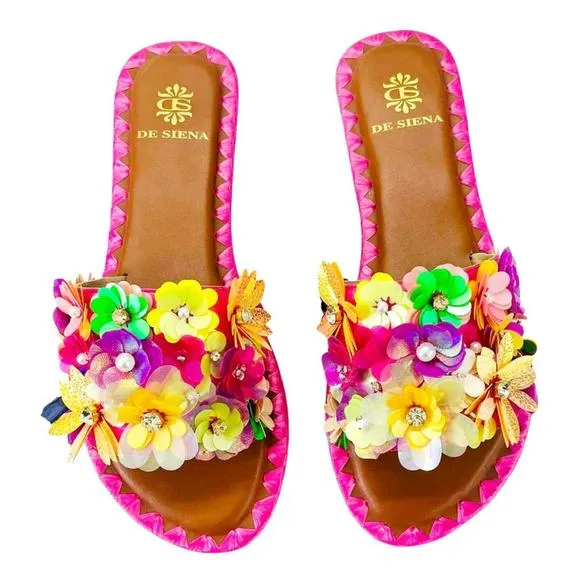NEW DE SIENA women's fleur paillettes slides in pink