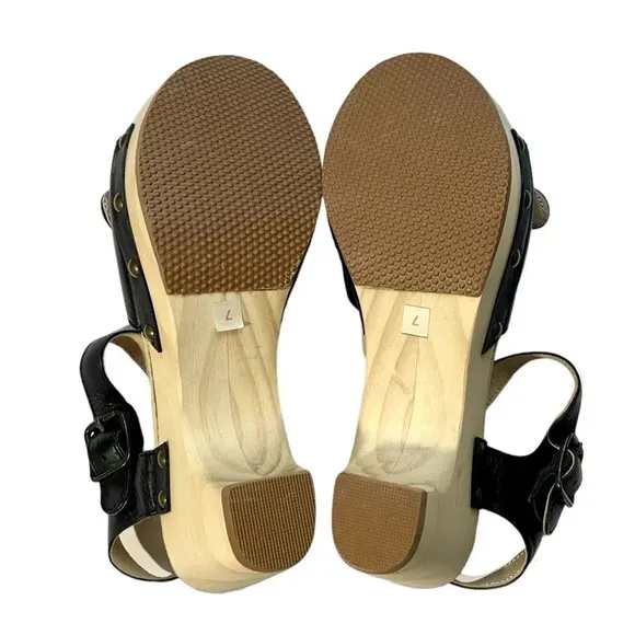 NEW Five Worlds Leather Open Toe Wooden Clogs