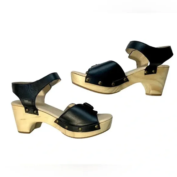 NEW Five Worlds Leather Open Toe Wooden Clogs