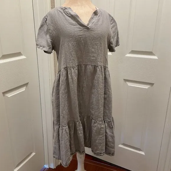 New Francesca Bettini 100% Linen Midi Dress Size 1X Gray Boho Babydoll Dress