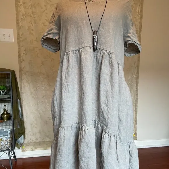 New Francesca Bettini Italy 100% Linen Midi Dress Size 2X Gray Tiered Design