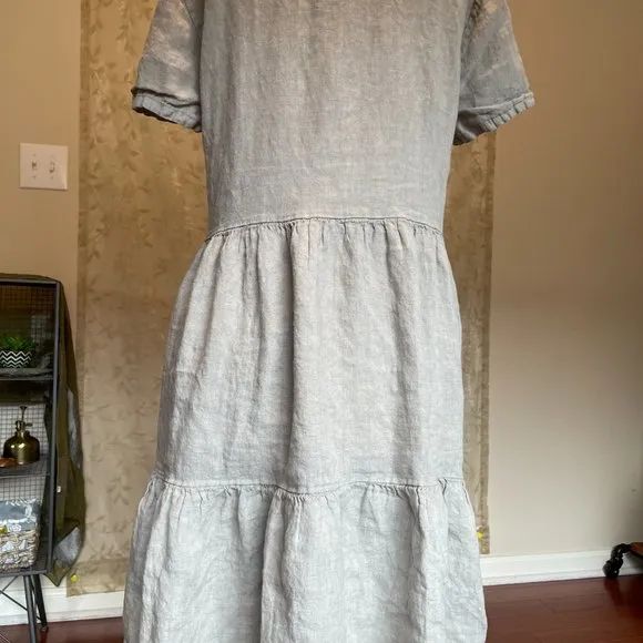 New Francesca Bettini Italy 100% Linen Midi Dress Size 2X Gray Tiered Design