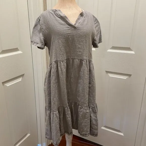 New Francesca Bettini Italy 100% Linen Midi Dress Size 2X Gray Tiered Design