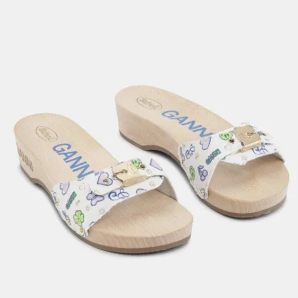 NEW GANNI x Dr. Scholl’s Sandals Kiosk Parrot Green Slides Wooden Platform