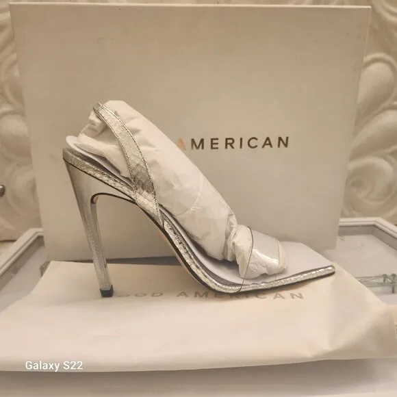 NEW Good American Open Square Toe Heels Silver Snake GA120L NIB