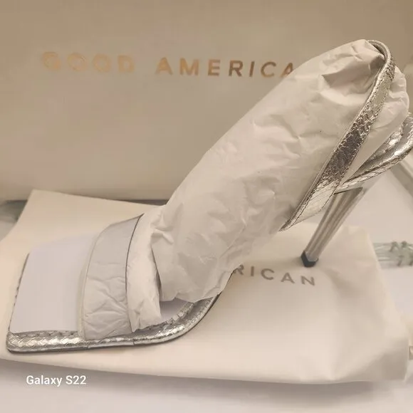 NEW Good American Open Square Toe Heels Silver Snake GA120L NIB
