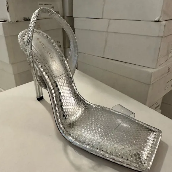 NEW Good American Open Square Toe Heels Silver Snake GA120L NIB