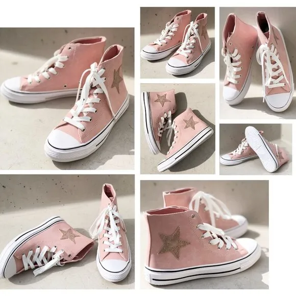 NEW High Top Faux Leather Stitch Star Patch Casual Sneakers Shoes Mauve Pink