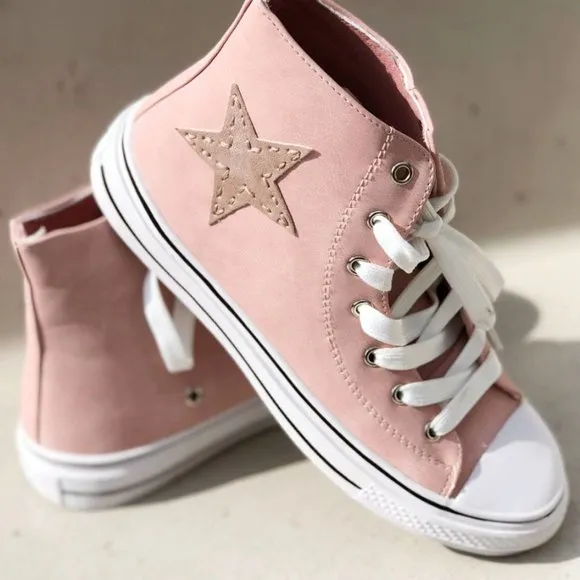 NEW High Top Faux Leather Stitch Star Patch Casual Sneakers Shoes Mauve Pink