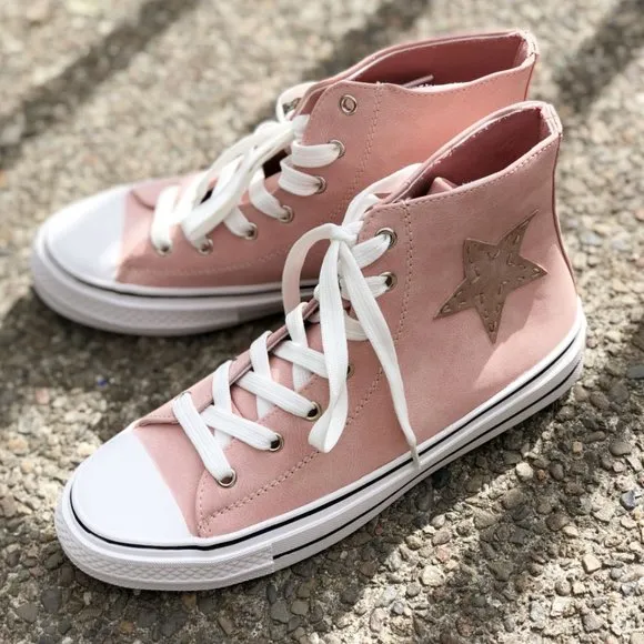 NEW High Top Faux Leather Stitch Star Patch Casual Sneakers Shoes Mauve Pink