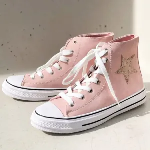 NEW High Top Faux Leather Stitch Star Patch Casual Sneakers Shoes Mauve Pink