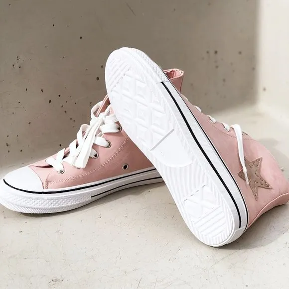 NEW High Top Faux Leather Stitch Star Patch Casual Sneakers Shoes Mauve Pink