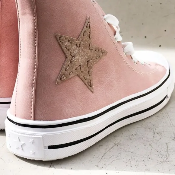 NEW High Top Faux Leather Stitch Star Patch Casual Sneakers Shoes Mauve Pink