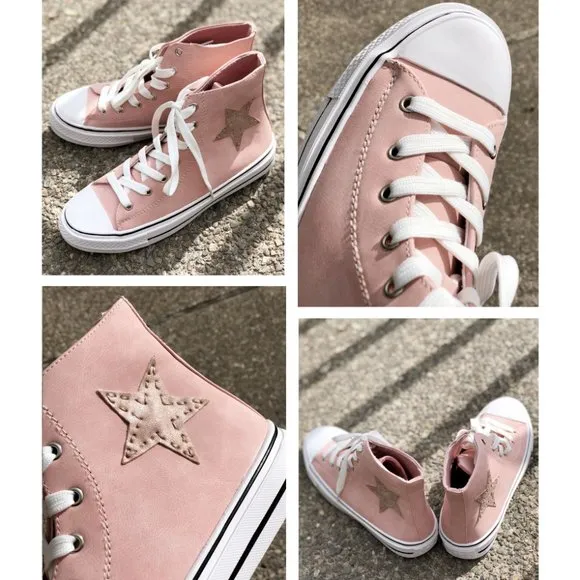 NEW High Top Faux Leather Stitch Star Patch Casual Sneakers Shoes Mauve Pink