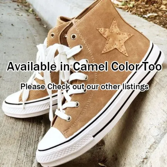 NEW High Top Faux Leather Stitch Star Patch Casual Sneakers Shoes Mauve Pink