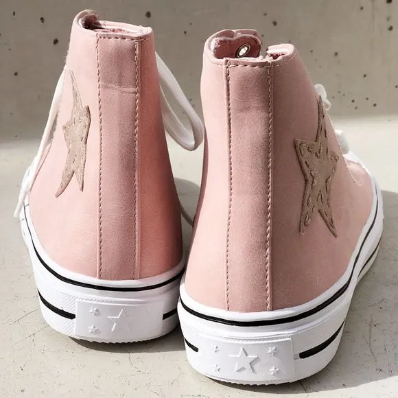 NEW High Top Faux Leather Stitch Star Patch Casual Sneakers Shoes Mauve Pink