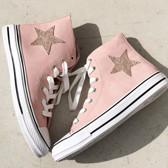 NEW High Top Faux Leather Stitch Star Patch Casual Sneakers Shoes Mauve Pink