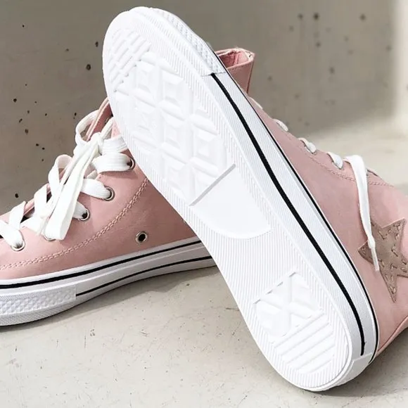 NEW High Top Faux Leather Stitch Star Patch Casual Sneakers Shoes Mauve Pink