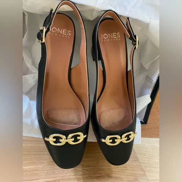 NEW IN BOX - Jones New York - Black &amp; Gold Heel Slingbacks - 7.5