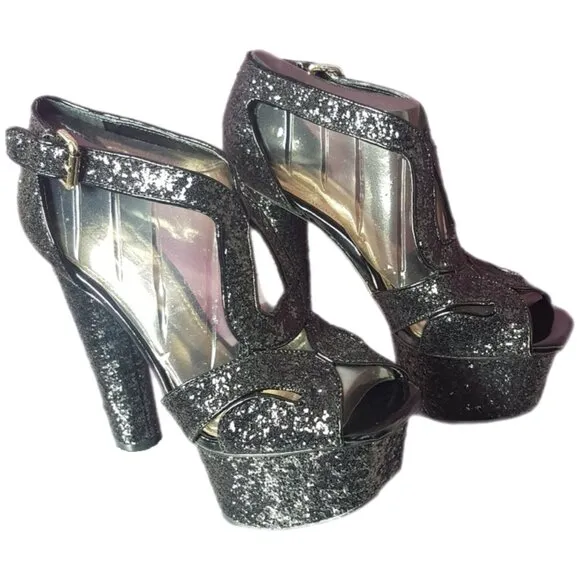 NEW in BOX! Wild Pair Black Glitter Platform Cylinder Tall‎ Heels Open Toe 6.5
