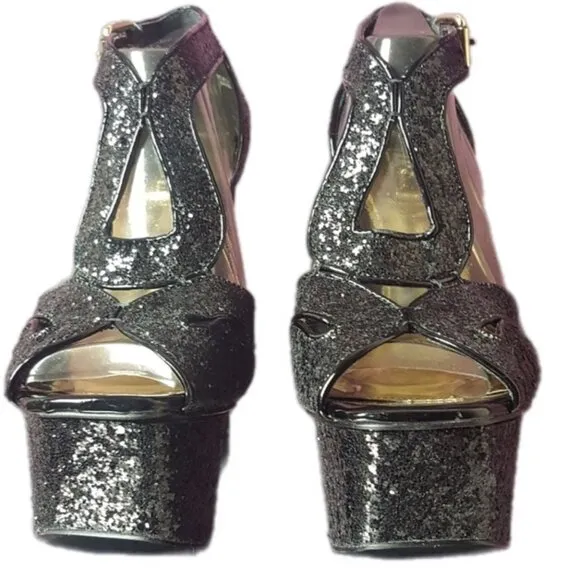 NEW in BOX! Wild Pair Black Glitter Platform Cylinder Tall‎ Heels Open Toe 6.5