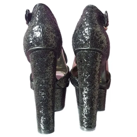 NEW in BOX! Wild Pair Black Glitter Platform Cylinder Tall‎ Heels Open Toe 6.5