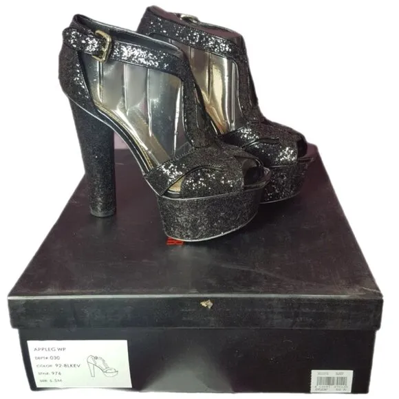 NEW in BOX! Wild Pair Black Glitter Platform Cylinder Tall‎ Heels Open Toe 6.5