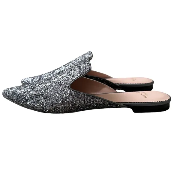 New J. Crew Pointed Toe Mule Slides in Gray Glitter Size 10.5