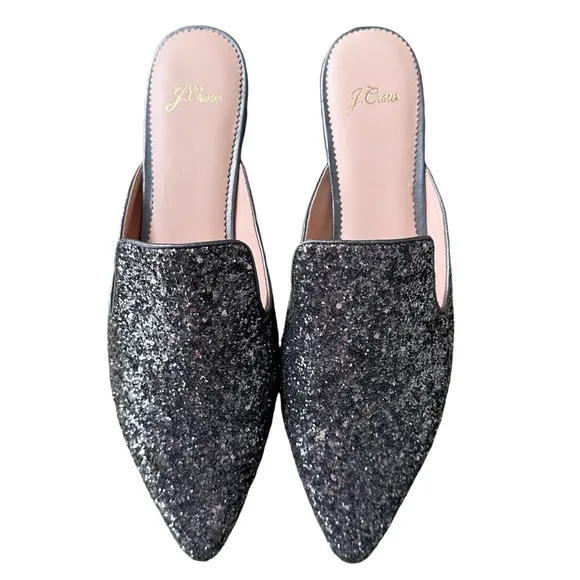 New J. Crew Pointed Toe Mule Slides in Gray Glitter Size 10.5