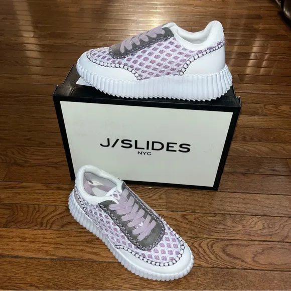 NEW J/Slides Charlene Sneakers Knit White &amp; Purple Women’s Size 8