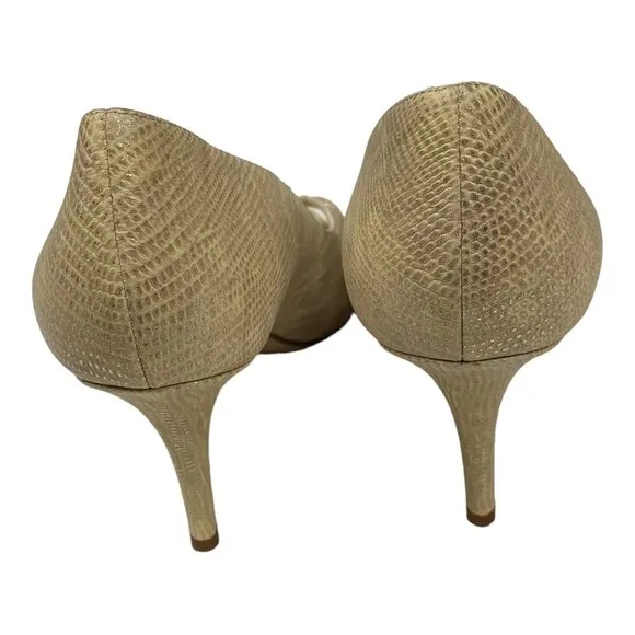 New Kate Spade Billie Textured Gold Metallic Snake Pattern Peep Toe Heels-7.5B