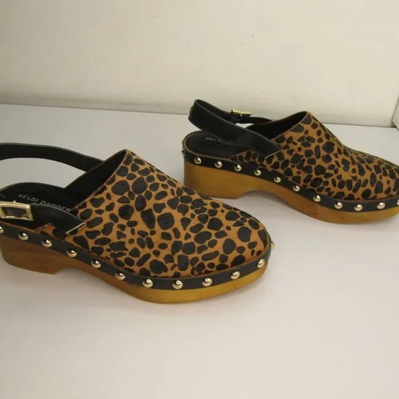 NEW KELSI DAGGER Warehouse Clogs Slingback Leopard Buckle Heel Size 9.5