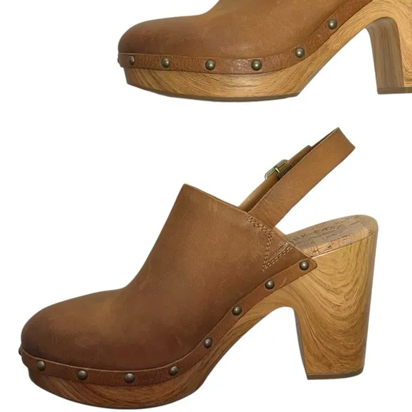 NEW Kork-Ease Brown Burnished Leather Platform Slingback Block Heel Clogs sz 11