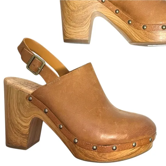 NEW Kork-Ease Brown Burnished Leather Platform Slingback Block Heel Clogs sz 11