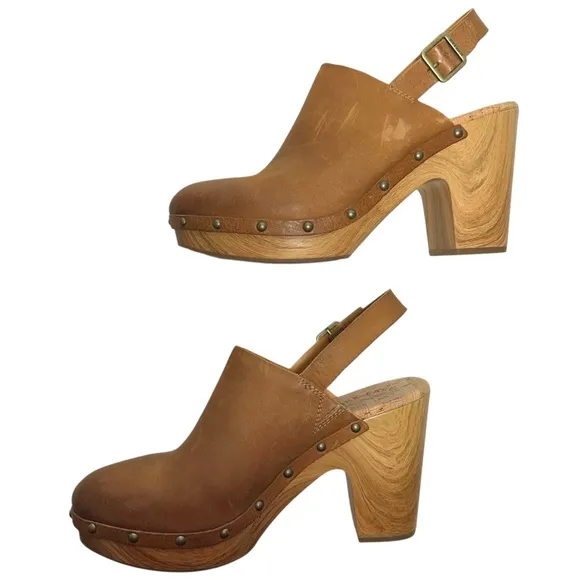 NEW Kork-Ease Brown Burnished Leather Platform Slingback Block Heel Clogs sz 11