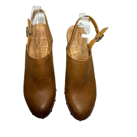 NEW Kork-Ease Brown Burnished Leather Platform Slingback Block Heel Clogs sz 11